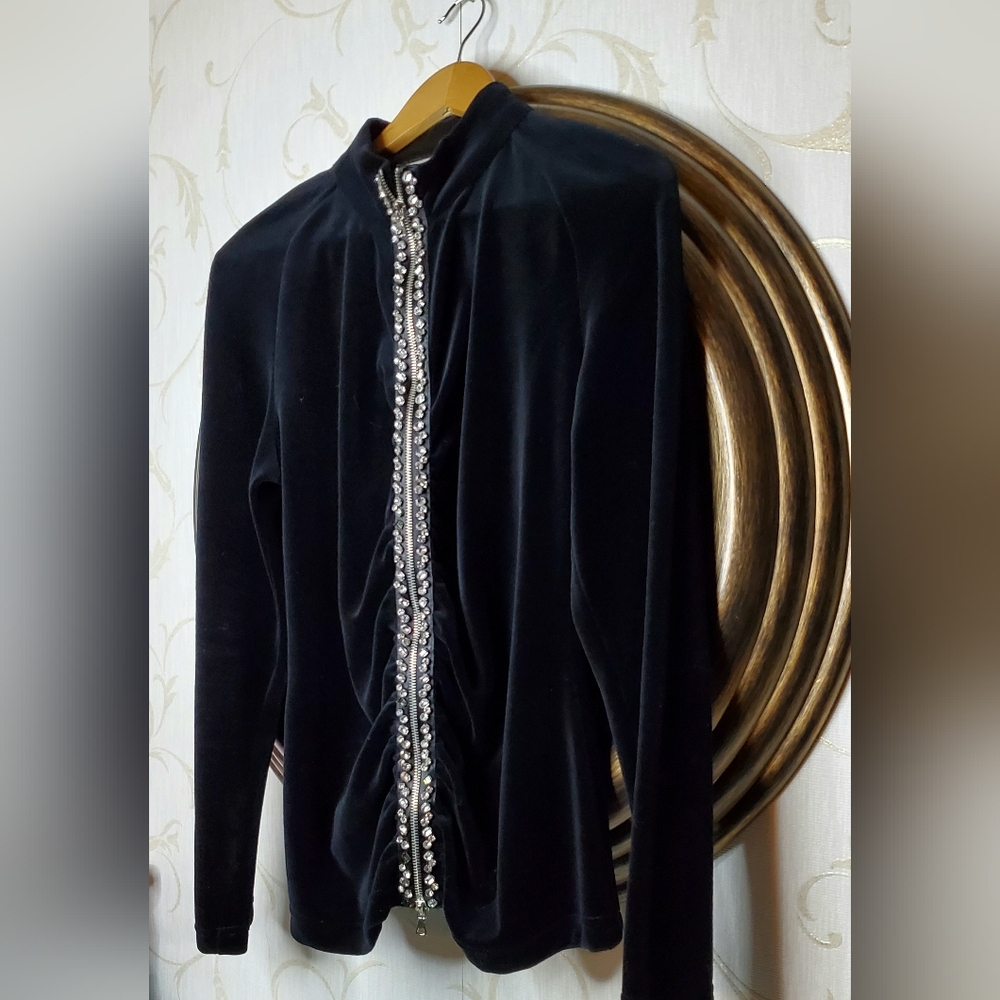 Neiman Marcus Exclusive Black Velour Rhinestone Zipper Jacket Medium Size Y2k